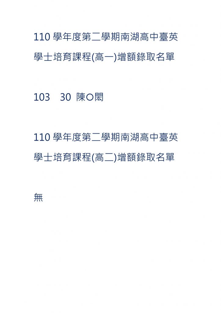 110 學年度第二學期南湖高中臺英 學士培育課程 高 一 、高二增額 錄取名單