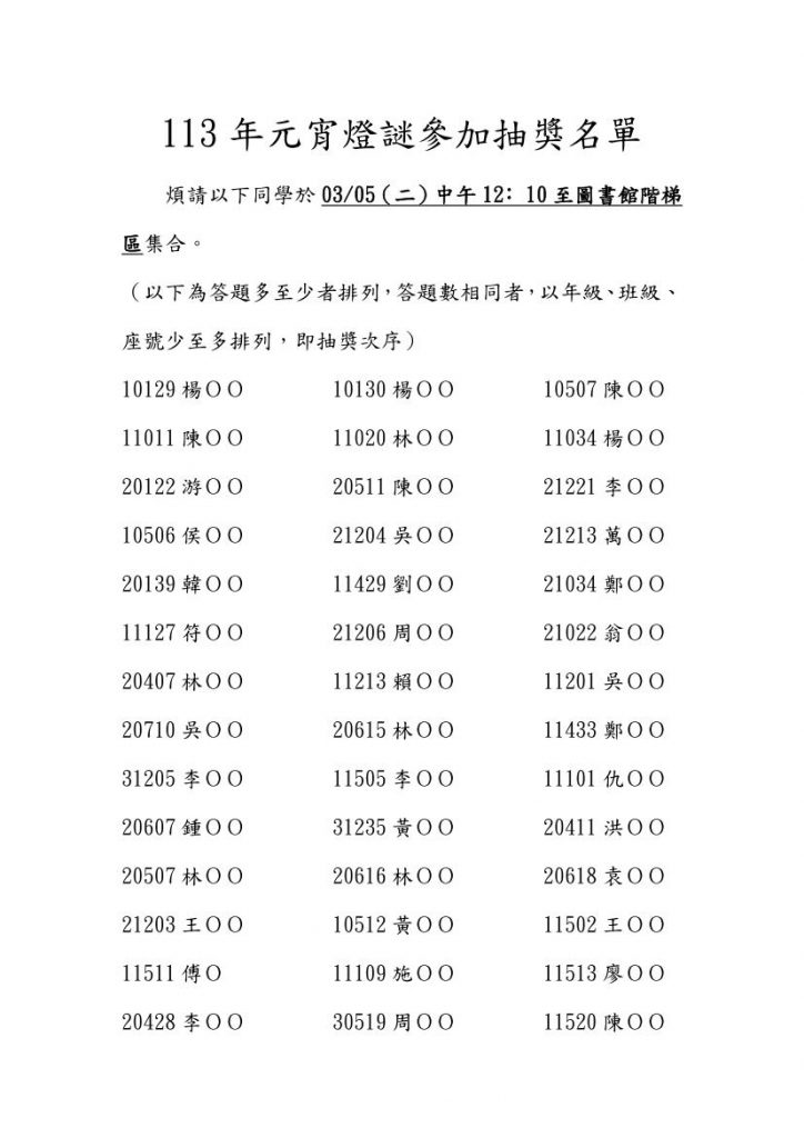 南湖高中113年圖書館燈謎活動抽獎名單1