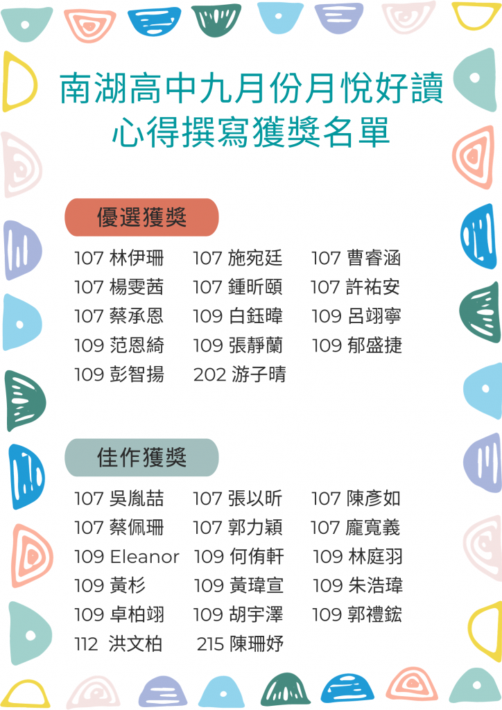 九月份月悅好讀心得撰寫獲獎名單